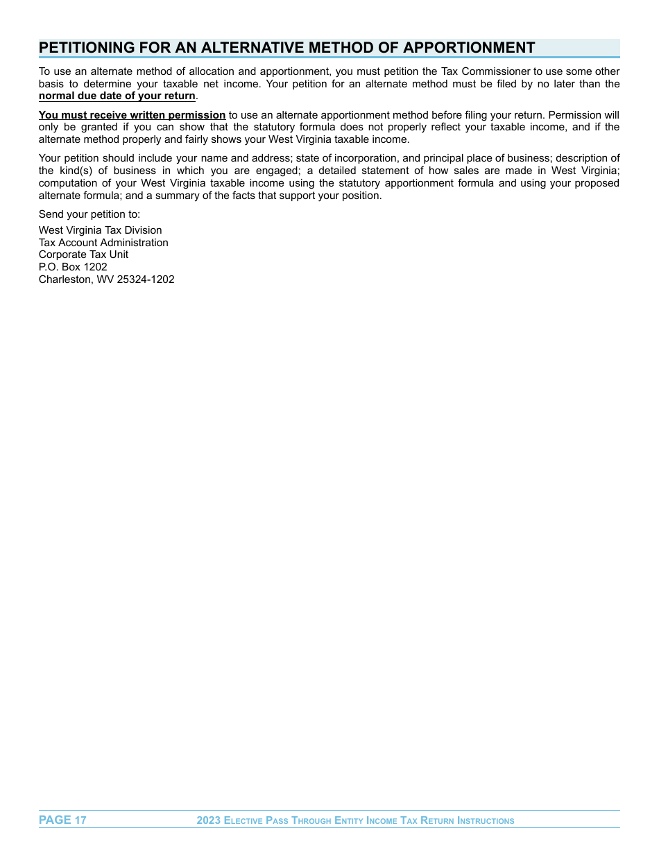 Instructions for Form EPT-100 Elective Pass Through Entity Return - West Virginia, Page 17