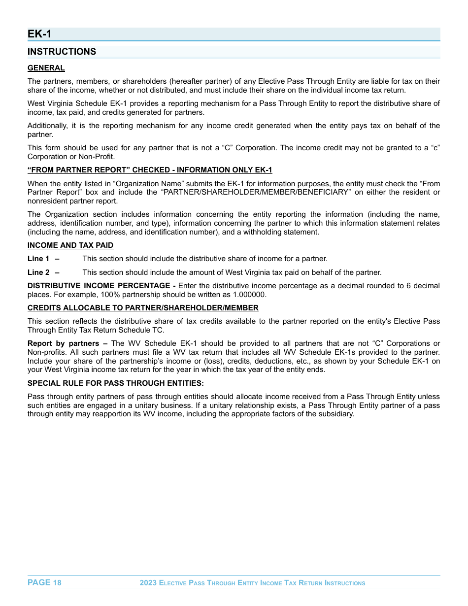 Instructions for Form EPT-100 Elective Pass Through Entity Return - West Virginia, Page 18