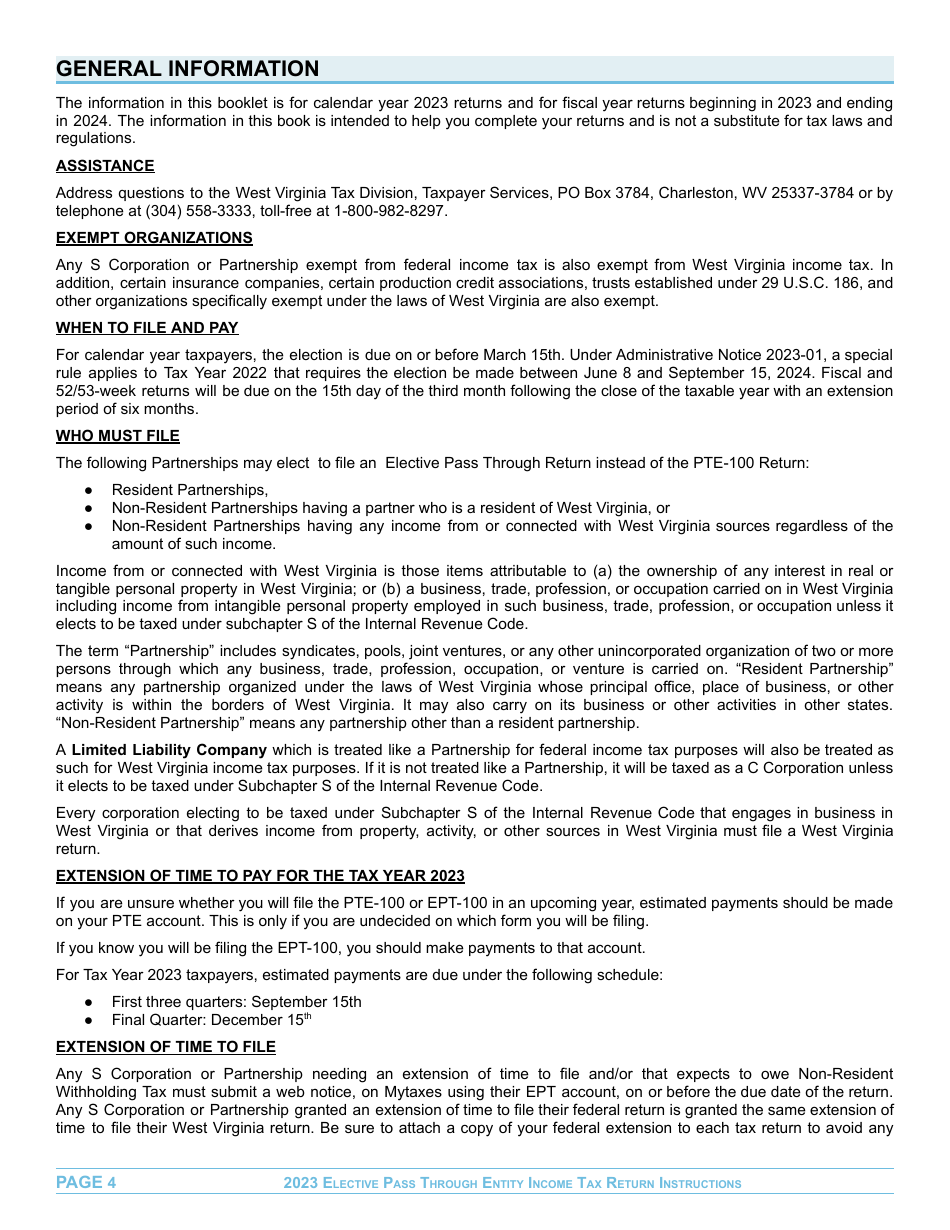 Instructions for Form EPT-100 Elective Pass Through Entity Return - West Virginia, Page 4