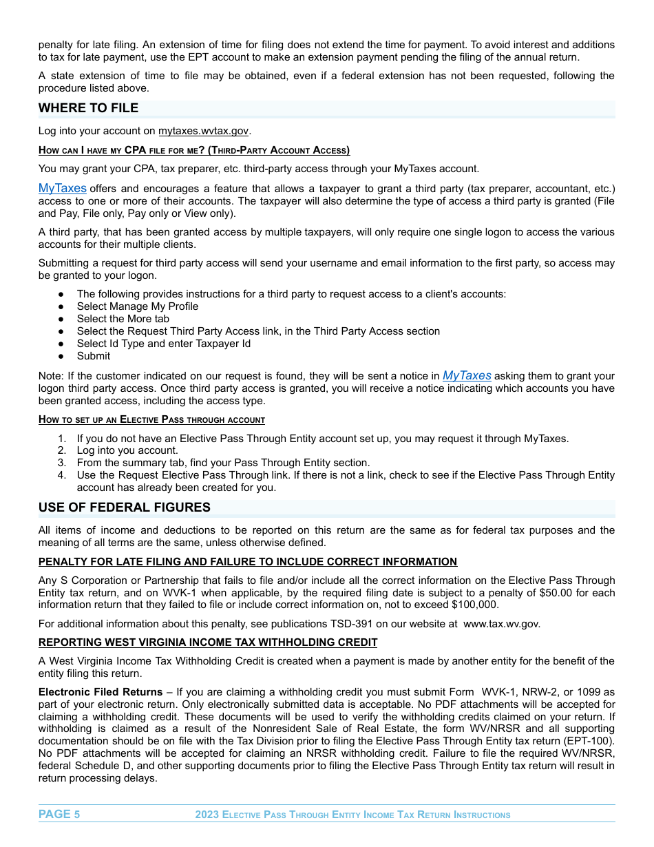 Instructions for Form EPT-100 Elective Pass Through Entity Return - West Virginia, Page 5