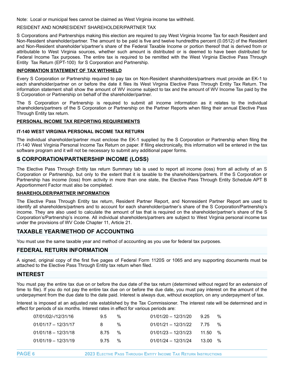 Instructions for Form EPT-100 Elective Pass Through Entity Return - West Virginia, Page 6