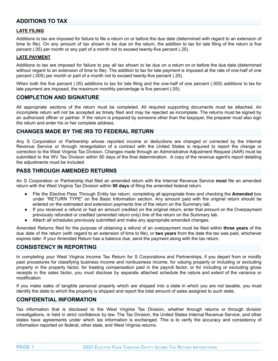 Instructions for Form EPT-100 Elective Pass Through Entity Return - West Virginia, Page 7
