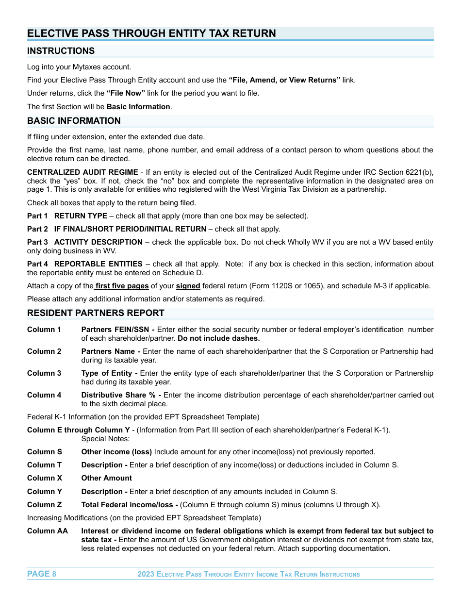 Instructions for Form EPT-100 Elective Pass Through Entity Return - West Virginia, Page 8
