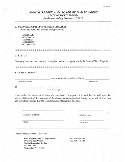 Form NON-OP Annual Report to the Board of Public Works - Telephone - Short Form - West Virginia, 2023