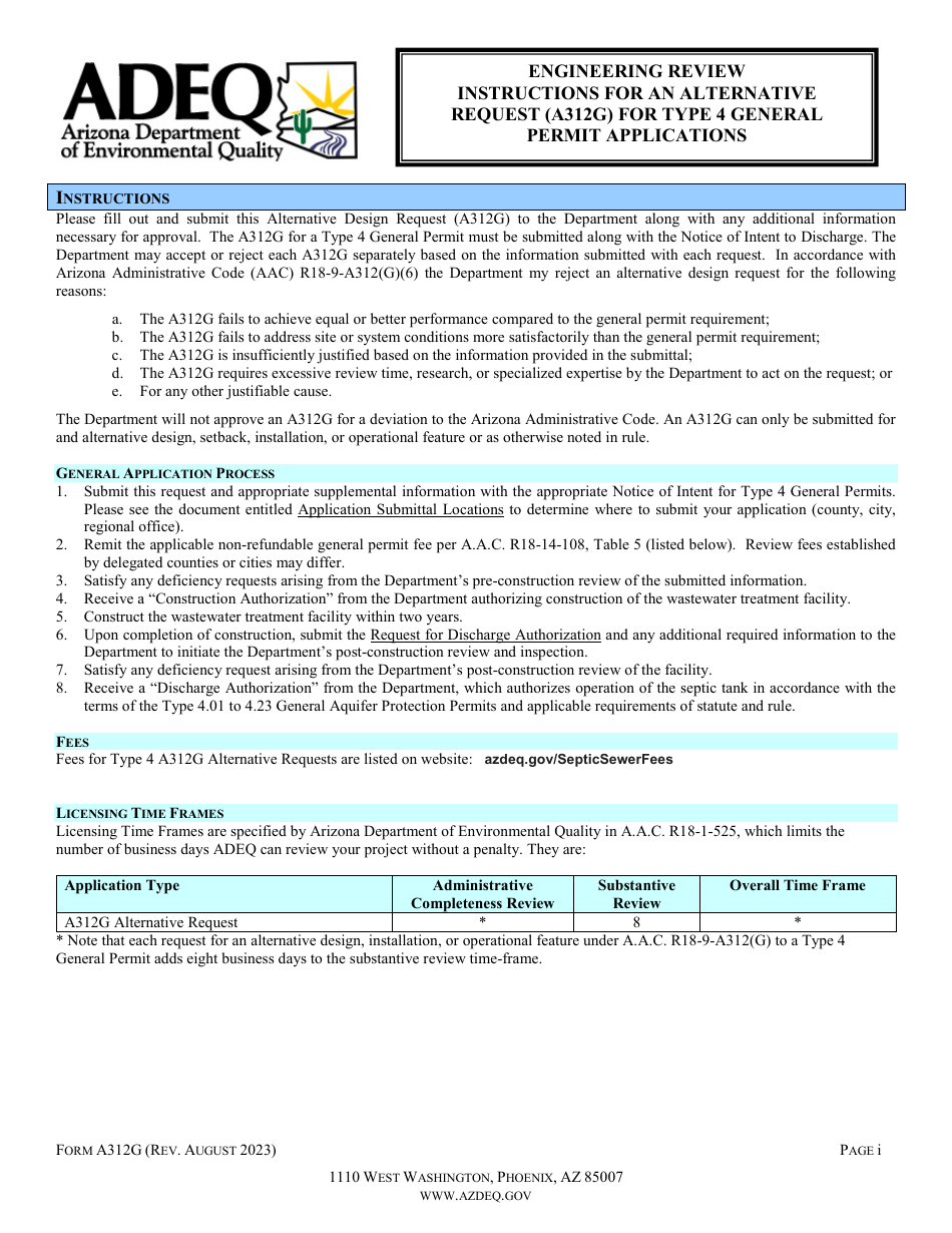 Form GWS402 Engineering Review - Alternative Request (A312g) for Type 4 General Permit Applications - Arizona, Page 1