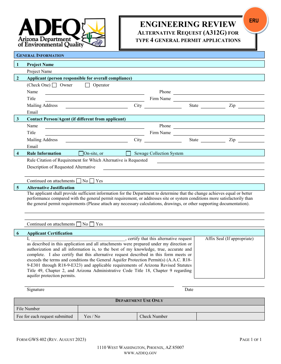 Form GWS402 Engineering Review - Alternative Request (A312g) for Type 4 General Permit Applications - Arizona, Page 2