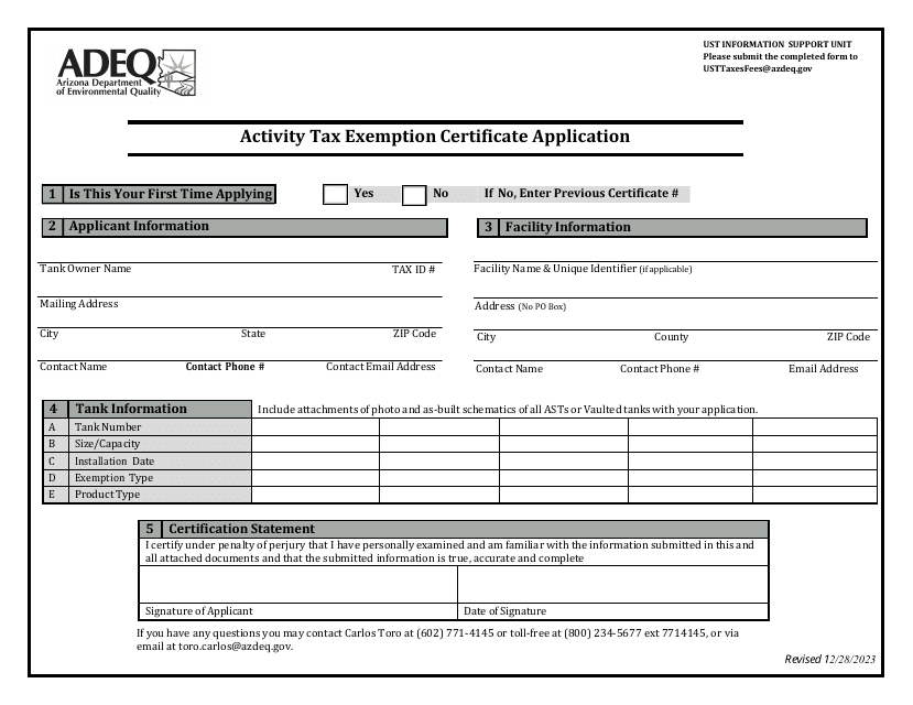 Activity Tax Exemption Certificate Application - Arizona