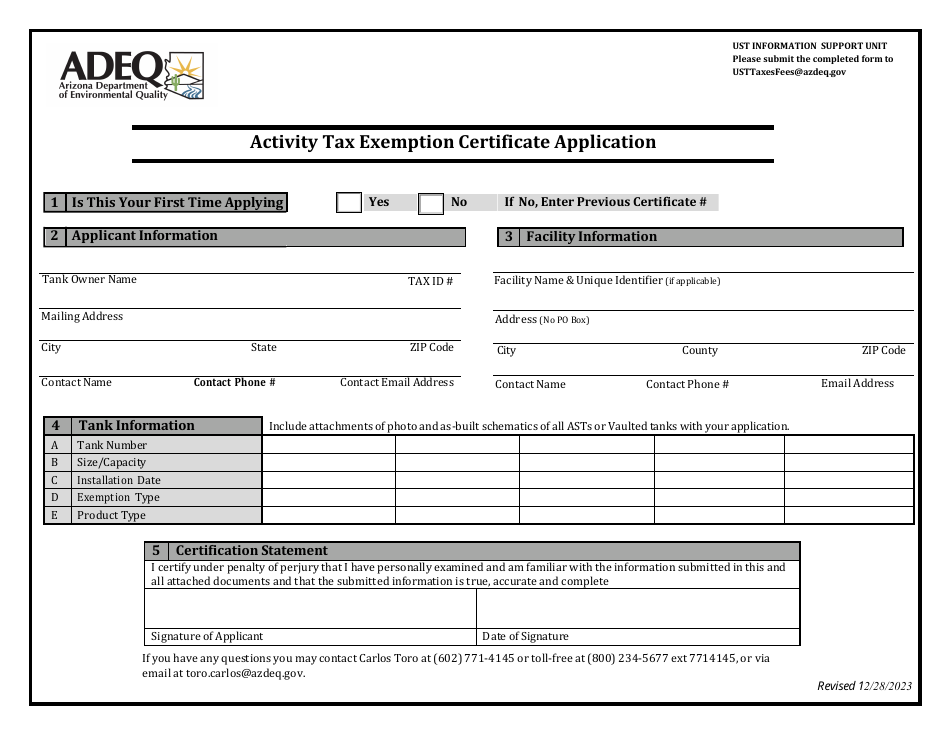 Activity Tax Exemption Certificate Application - Arizona, Page 1