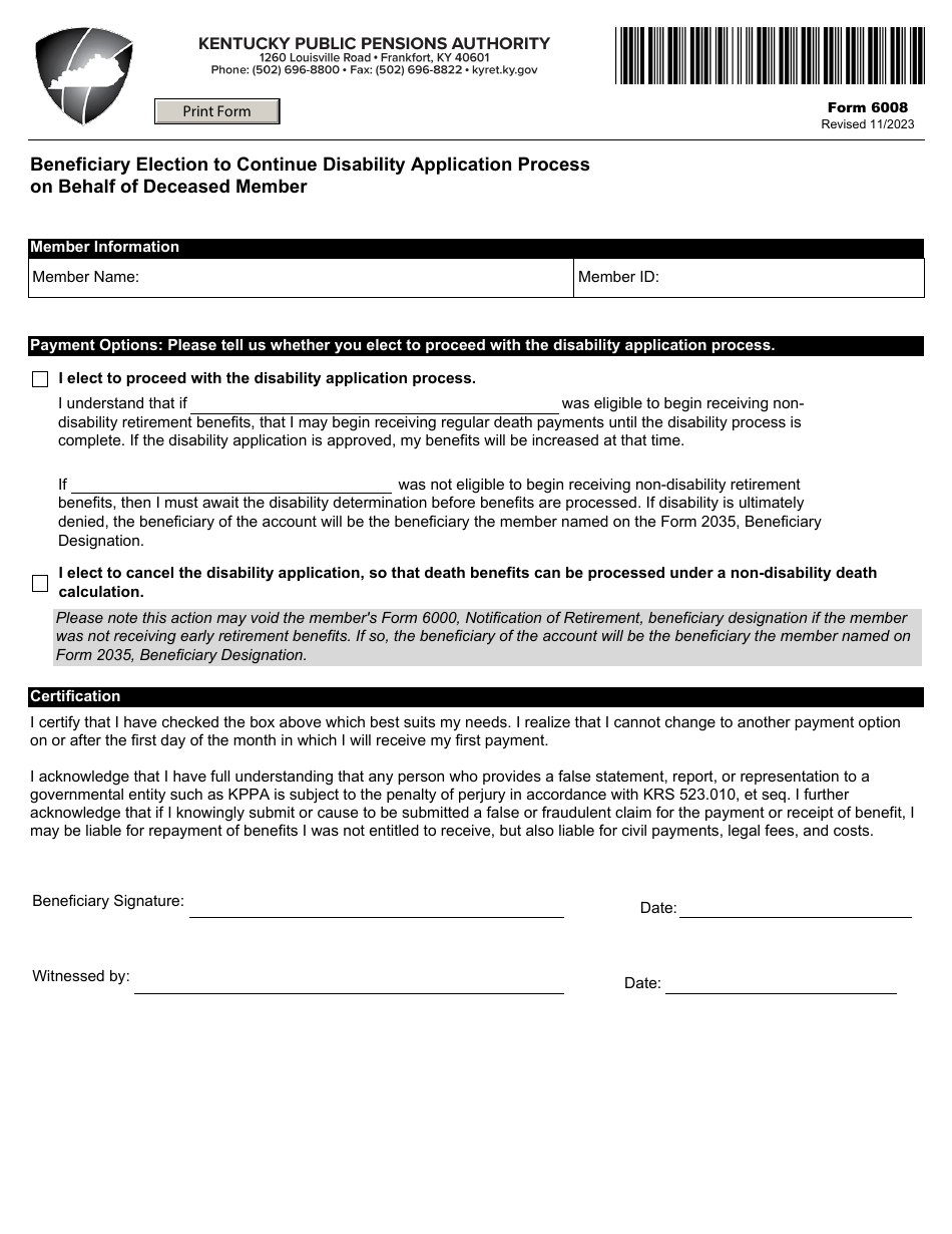 Form 6008 Beneficiary Election to Continue Disability Application Process on Behalf of Deceased Member - Kentucky, Page 1