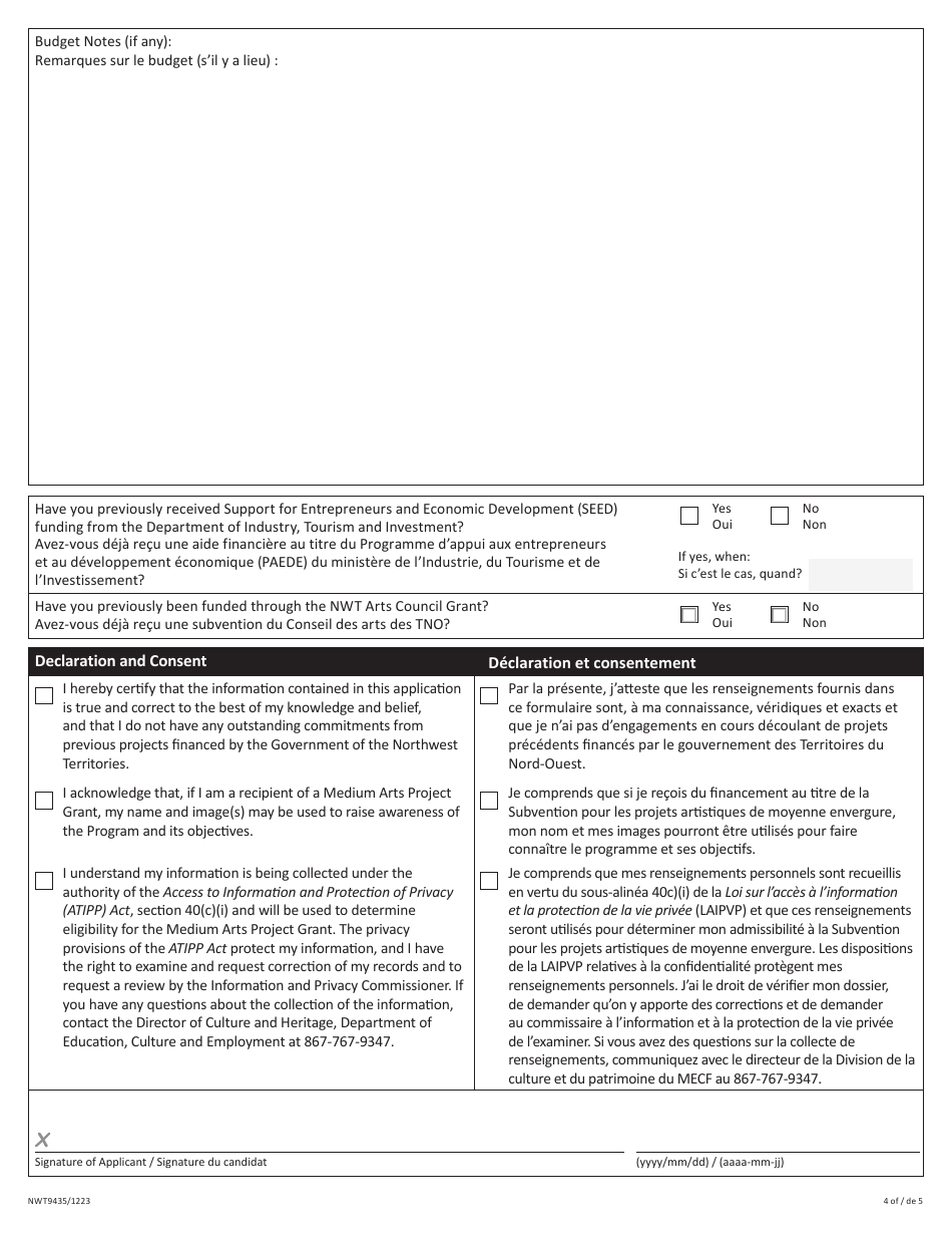 Form NWT9435 Application for Medium Arts Project Grant - Northwest Territories, Canada (English / French), Page 4