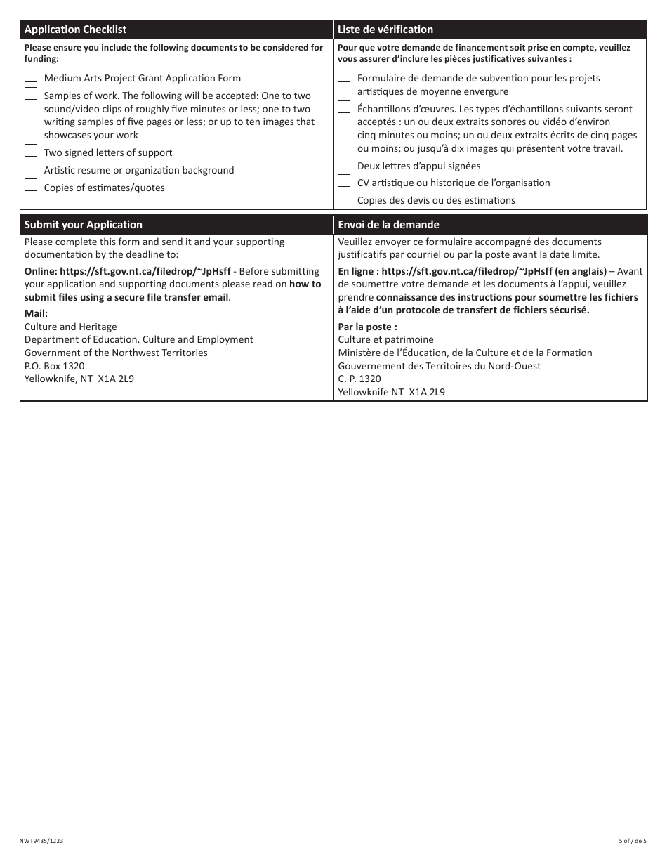 Form NWT9435 Application for Medium Arts Project Grant - Northwest Territories, Canada (English / French), Page 5