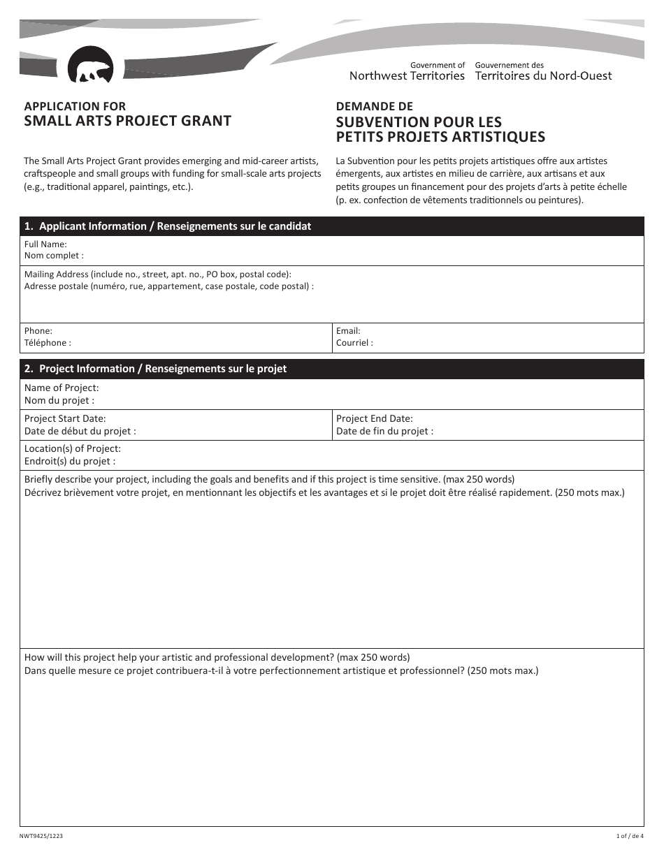 Form NWT9425 Application for Small Arts Project Grant - Northwest Territories, Canada (English / French), Page 1