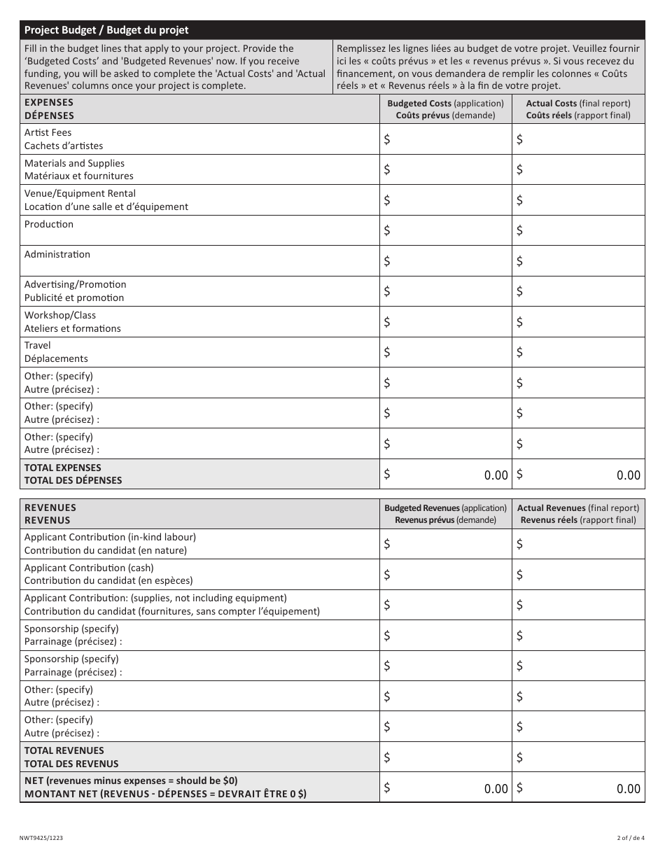 Form NWT9425 Application for Small Arts Project Grant - Northwest Territories, Canada (English / French), Page 2