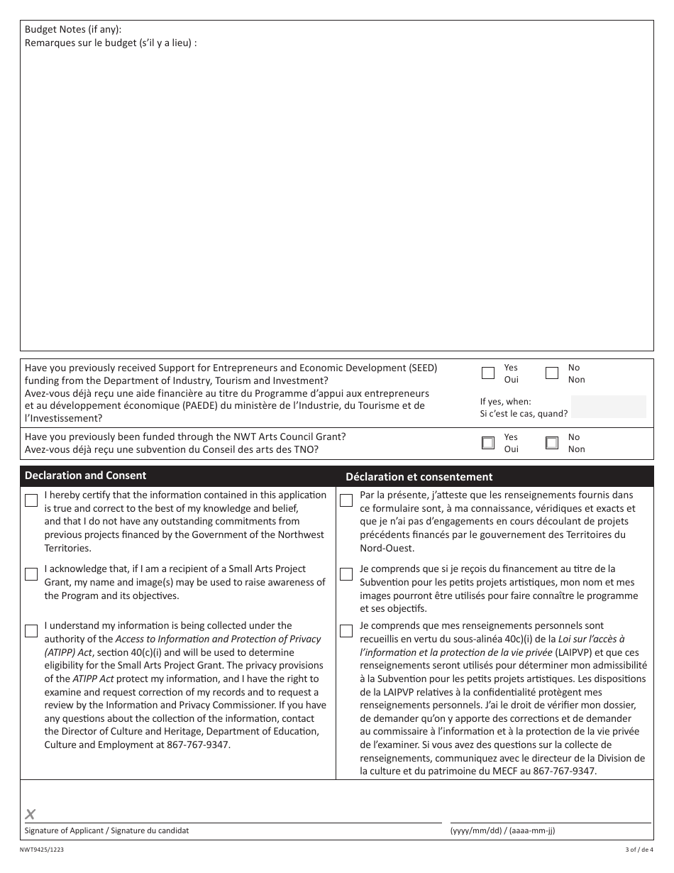 Form NWT9425 Application for Small Arts Project Grant - Northwest Territories, Canada (English / French), Page 3