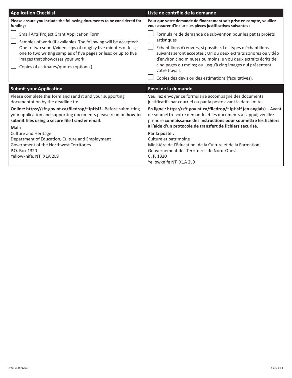 Form NWT9425 Application for Small Arts Project Grant - Northwest Territories, Canada (English / French), Page 4