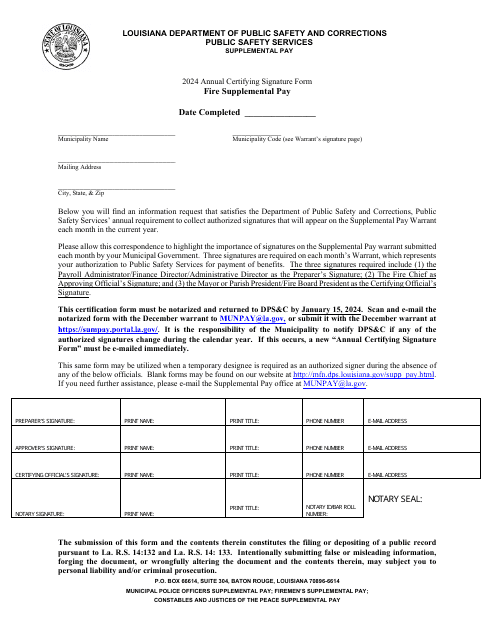 Annual Certifying Signature Form - Fire Supplemental Pay - Louisiana Download Pdf