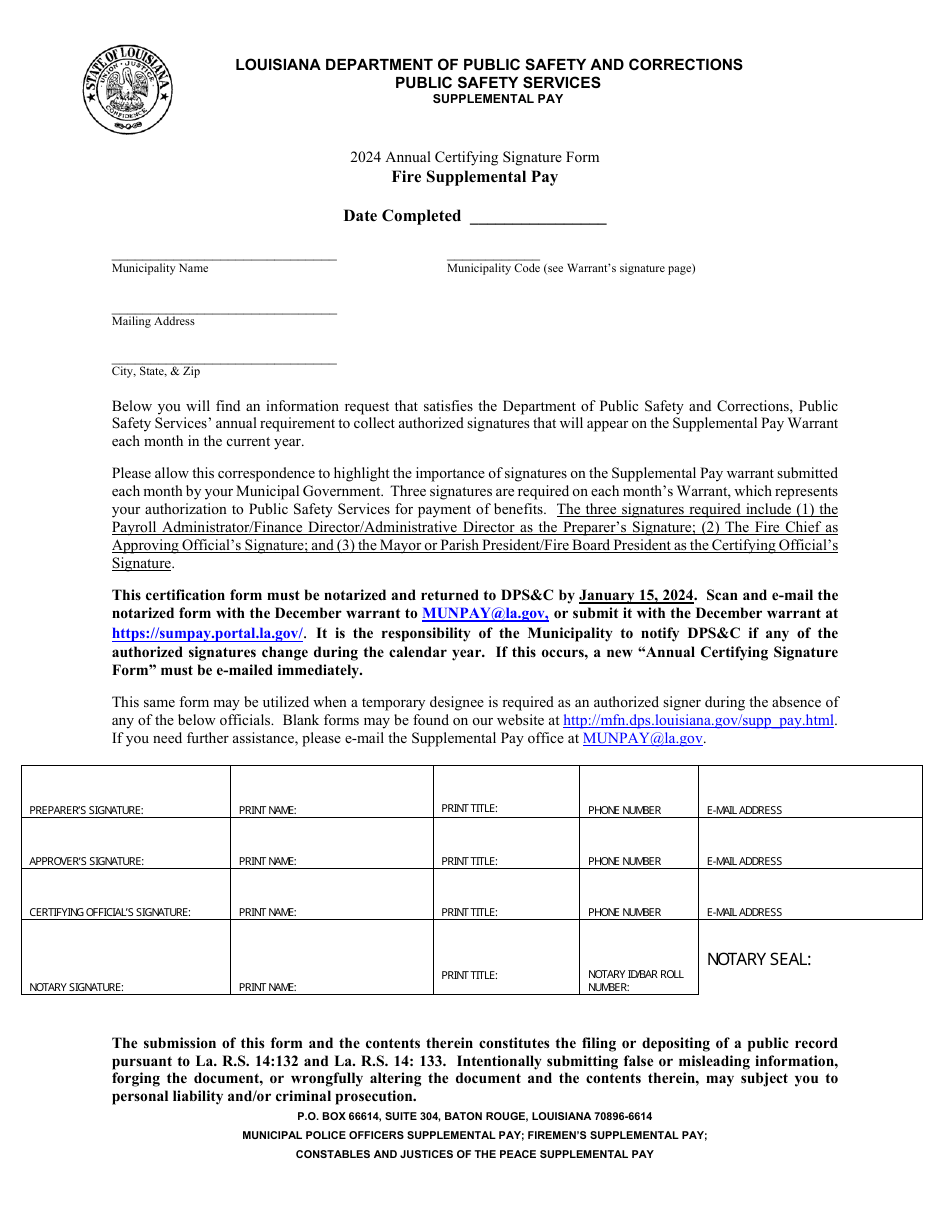 Annual Certifying Signature Form - Fire Supplemental Pay - Louisiana, Page 1