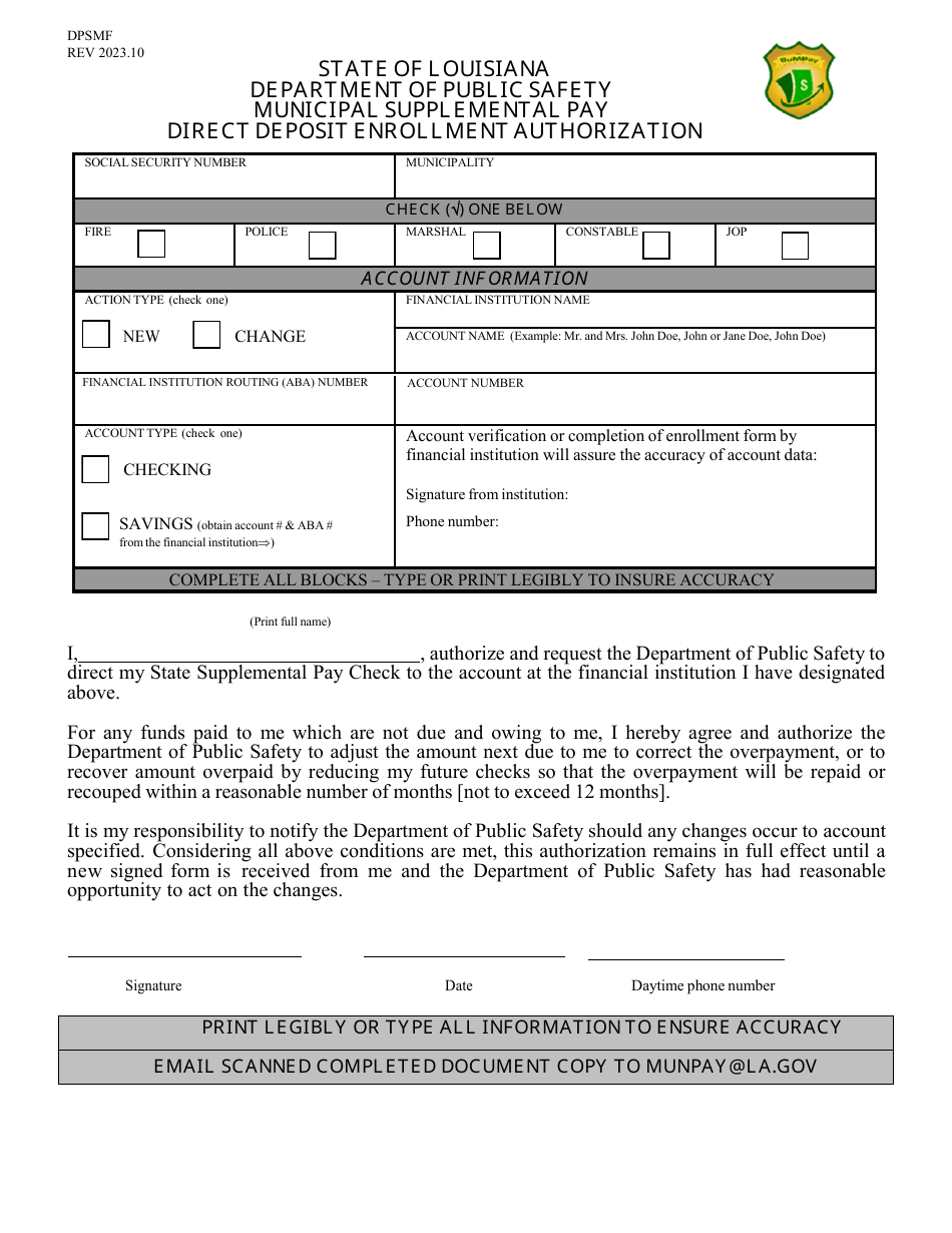 Louisiana Municipal Supplemental Pay Direct Deposit Enrollment ...