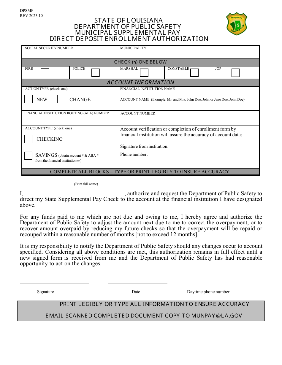 Municipal Supplemental Pay Direct Deposit Enrollment Authorization - Louisiana, Page 1