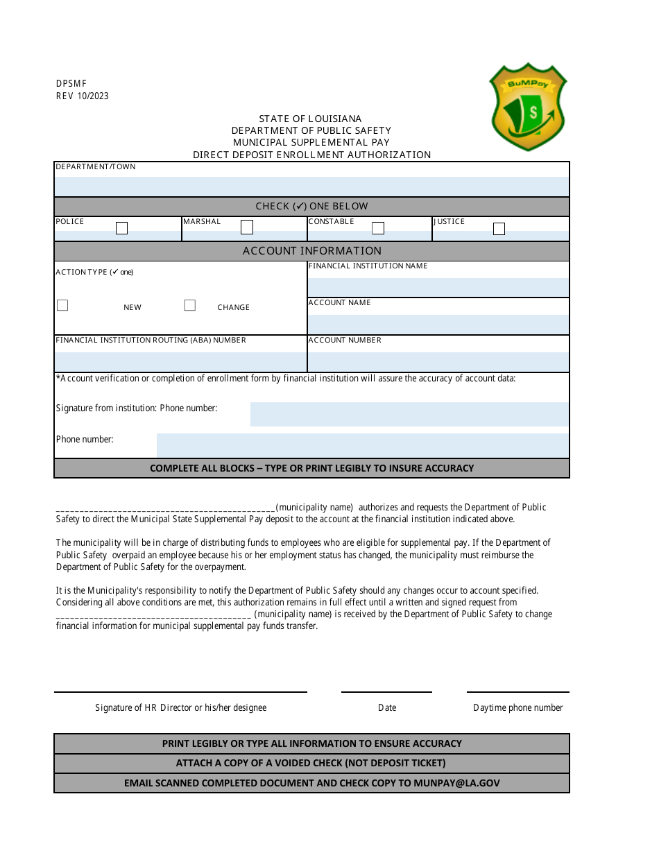 Municipal Direct Deposit Enrollment Authorization - Louisiana, Page 1