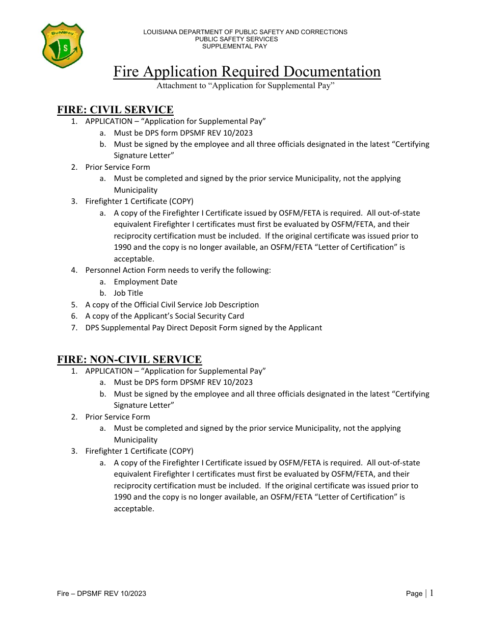 Application for Municipal Fire Supplemental Pay - Louisiana, Page 1