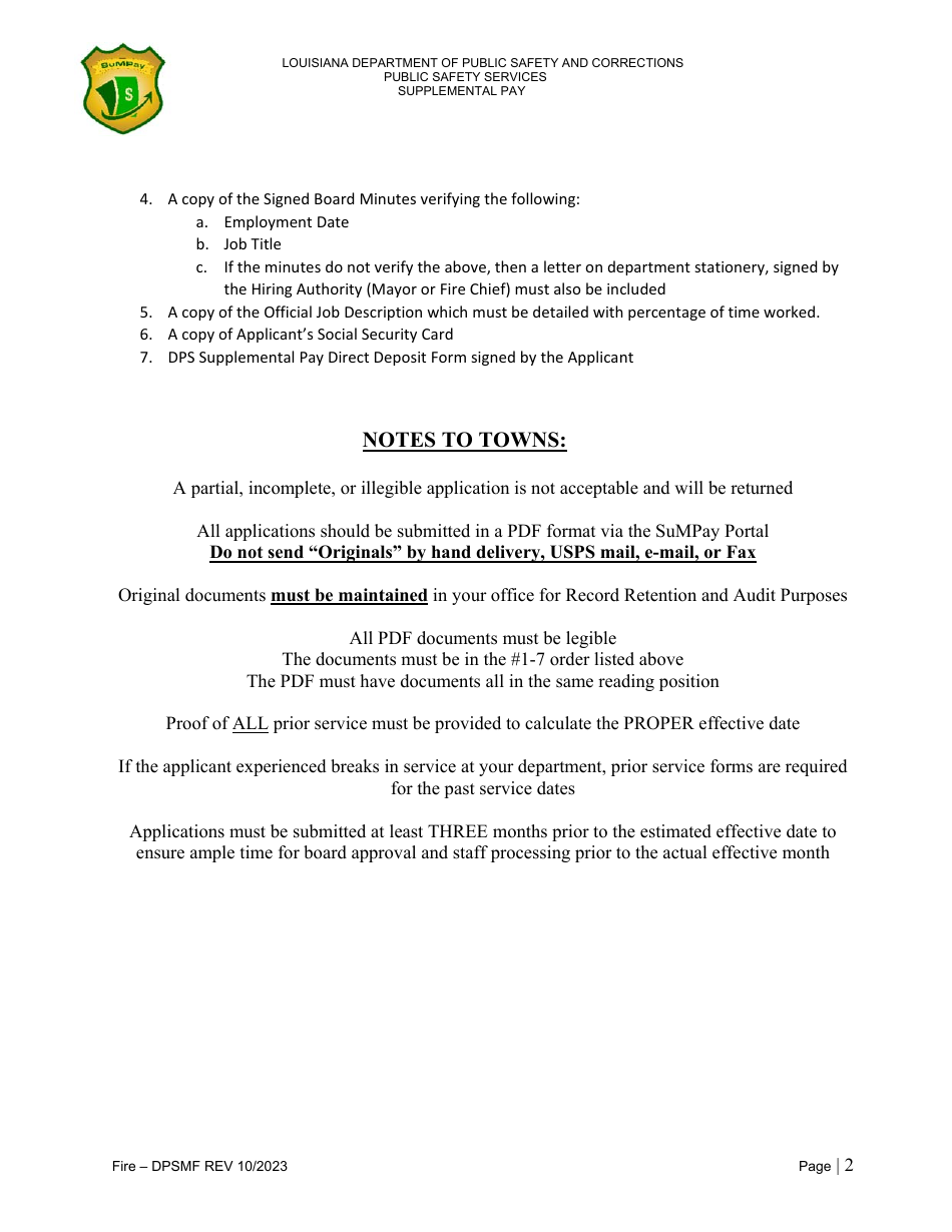 Application for Municipal Fire Supplemental Pay - Louisiana, Page 2