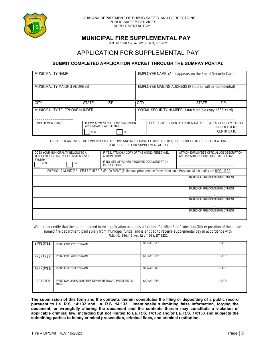 Application for Municipal Fire Supplemental Pay - Louisiana, Page 3