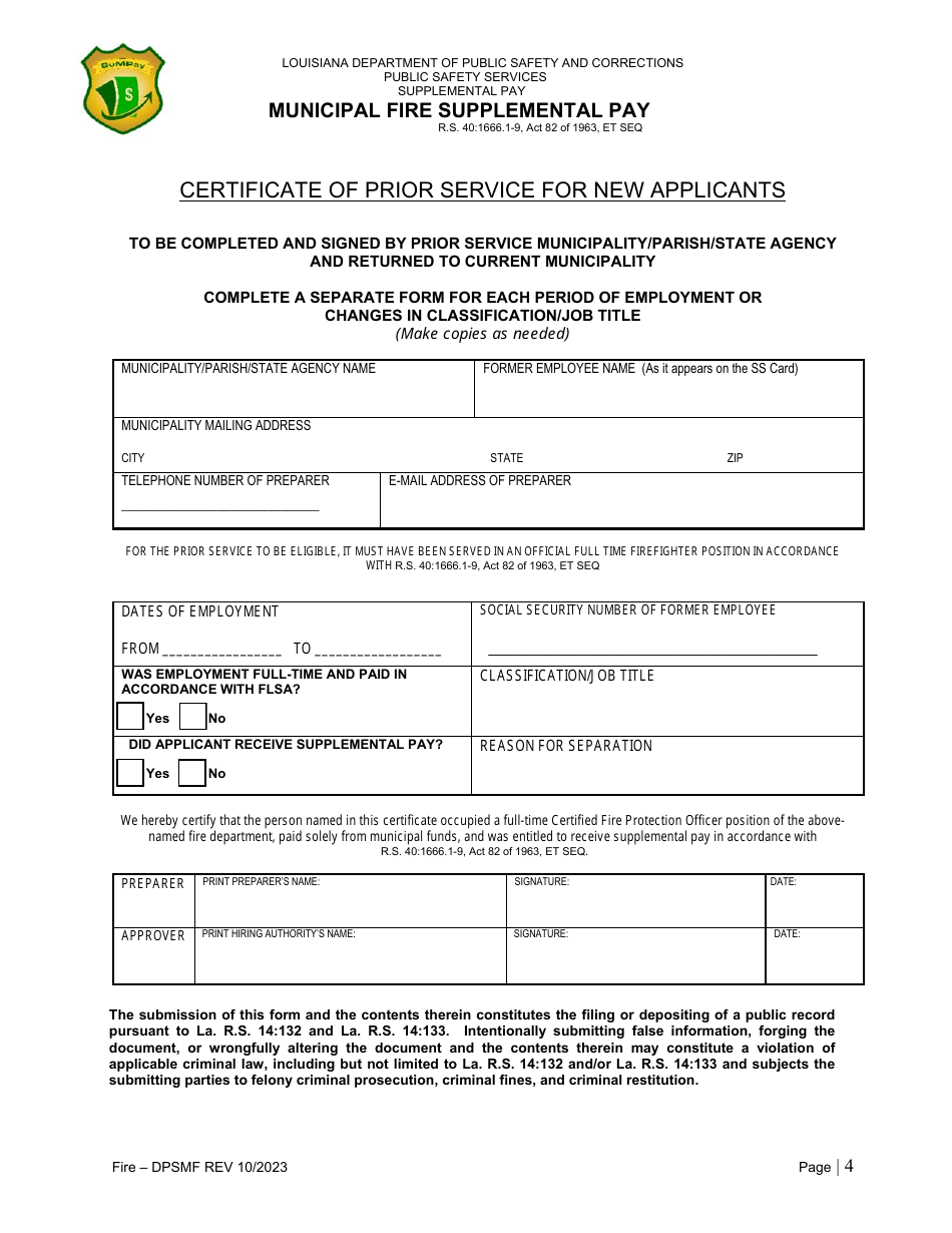 Application for Municipal Fire Supplemental Pay - Louisiana, Page 4