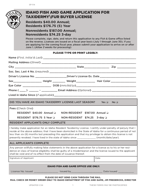 Form SP-114 Application for Taxidermy fur Buyer License - Idaho
