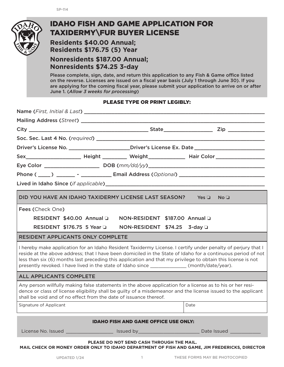 Form SP-114 Application for Taxidermy fur Buyer License - Idaho, Page 1
