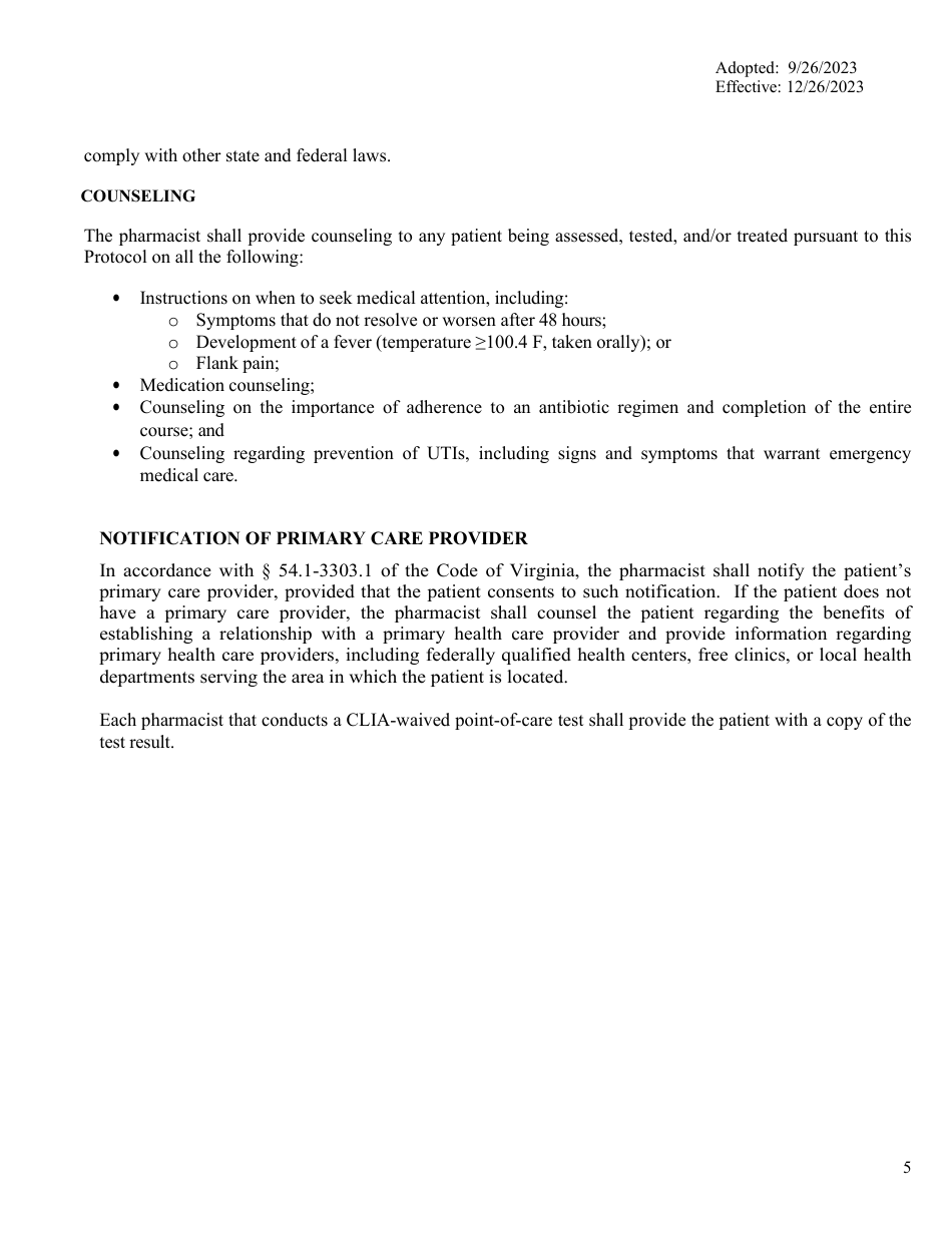 Appendix A Acute Uncomplicated Lower Urinary Tract Infection, Women Patient Form - Virginia, Page 5