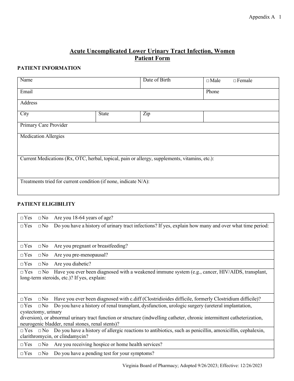 Appendix A Acute Uncomplicated Lower Urinary Tract Infection, Women Patient Form - Virginia, Page 6