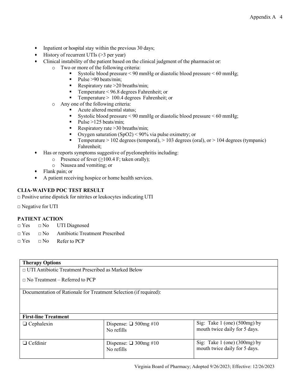 Appendix A Acute Uncomplicated Lower Urinary Tract Infection, Women Patient Form - Virginia, Page 9