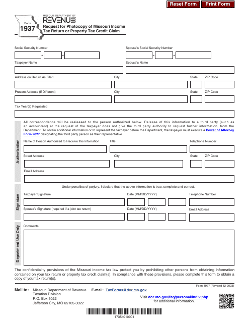 Form 1937 Request for Photocopy of Missouri Income Tax Return or Property Tax Credit Claim - Missouri