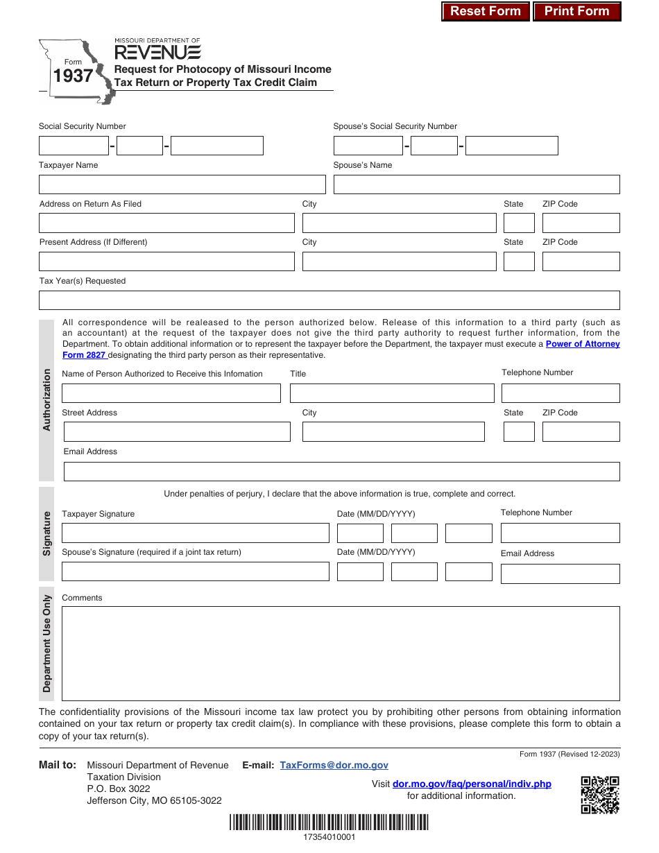 Form 1937 Request for Photocopy of Missouri Income Tax Return or Property Tax Credit Claim - Missouri, Page 1