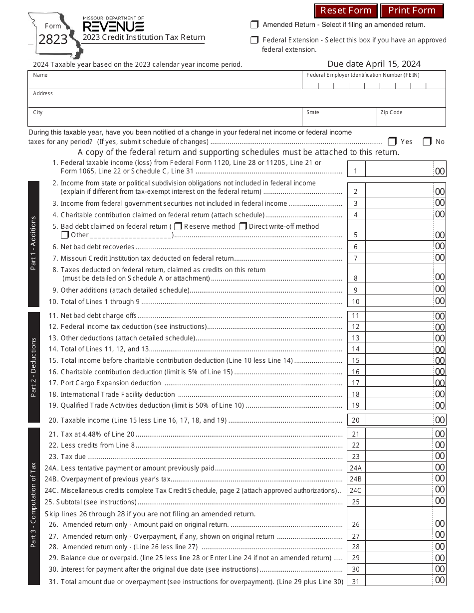 Form 2823 Credit Institution Tax Return - Missouri, Page 1