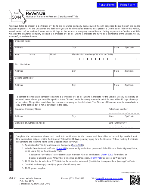 Form 5044 Notice of Failure to Present Certificate of Title - Missouri