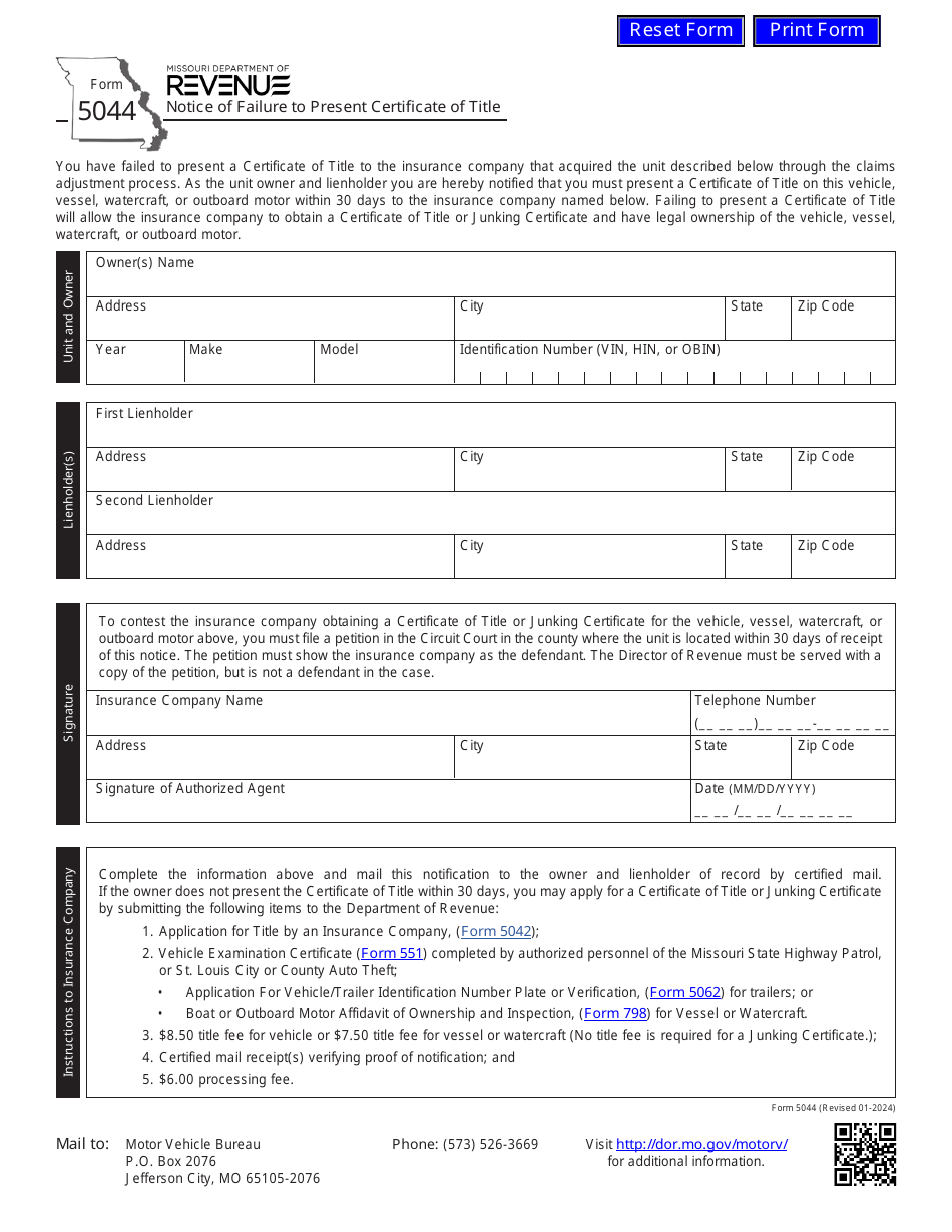 Form 5044 Notice of Failure to Present Certificate of Title - Missouri, Page 1