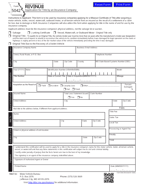 Form 5042 Application for Title by an Insurance Company - Missouri