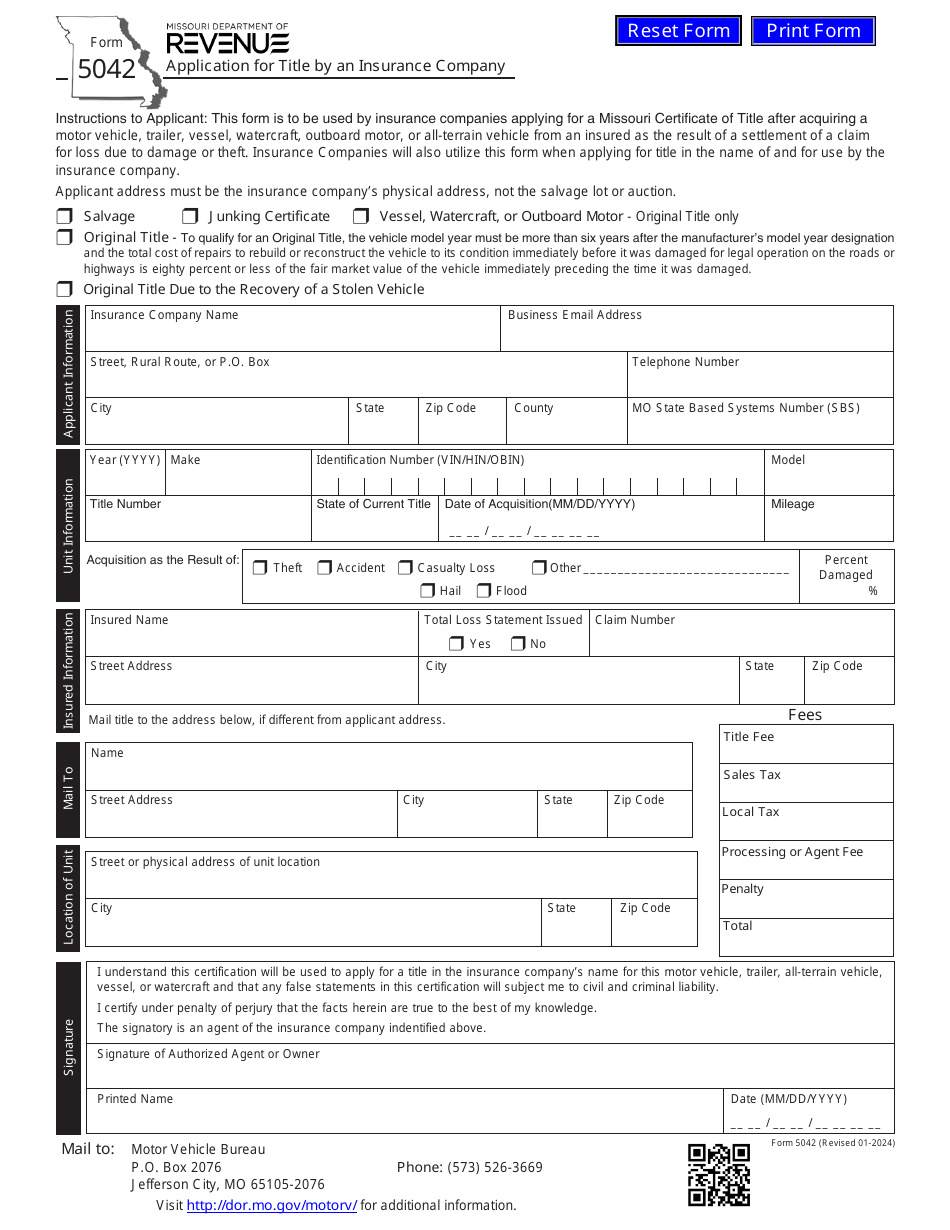 Form 5042 Application for Title by an Insurance Company - Missouri, Page 1