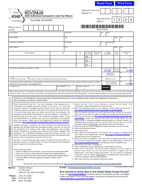Form 4340 Individual Consumer's Use Tax Return - Missouri, 2023