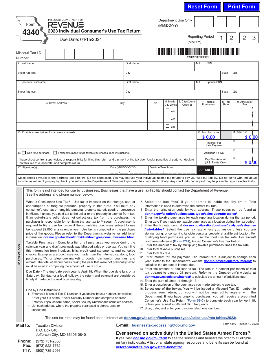 Form 4340 Individual Consumers Use Tax Return - Missouri, Page 1