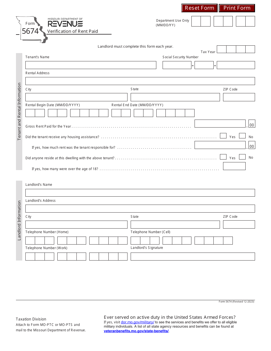 Form 5674 Verification of Rent Paid - Missouri, Page 1