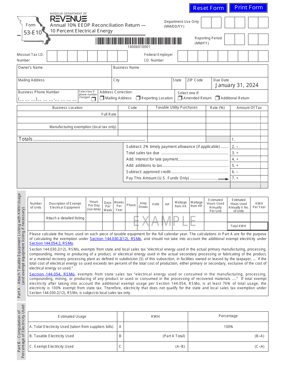 Form 53-E10 Annual 10% Eedp Reconciliation Return - 10 Percent Electrical Energy - Missouri, Page 1