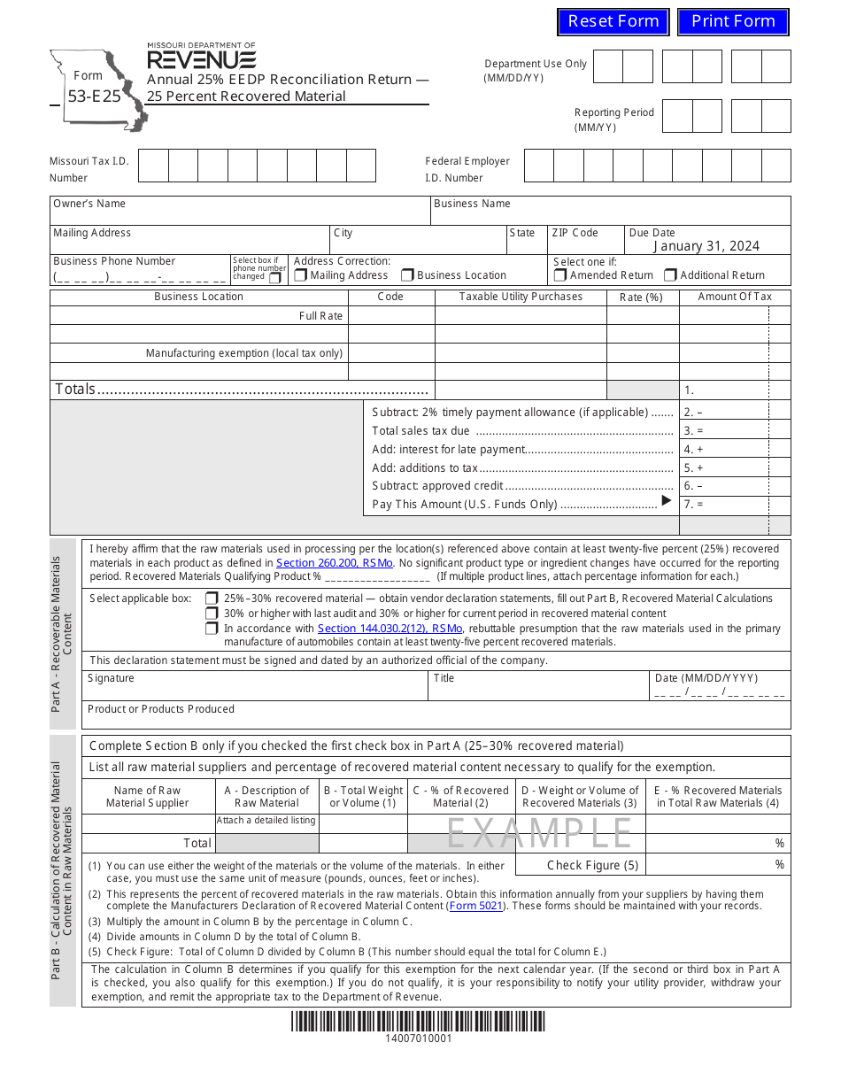Form 53-E25 Annual 25% Eedp Reconciliation Return - 25 Percent Recovered Material - Missouri, Page 1