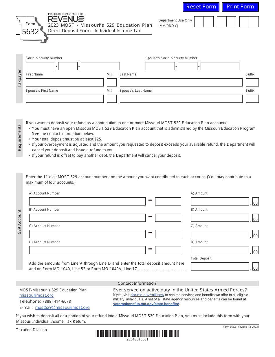 Form 5632 Most - Missouris 529 Education Plan Direct Deposit Form - Individual Income Tax - Missouri, Page 1
