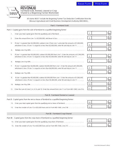 Form 5955 Farmland Sold, Rented, Leased or Crop Shared to a Beginning Farmer Worksheet - Missouri