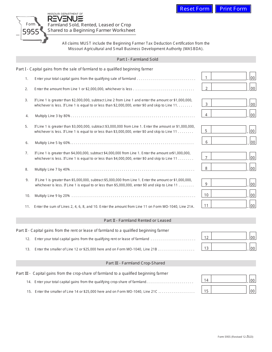 Form 5955 Farmland Sold, Rented, Leased or Crop Shared to a Beginning Farmer Worksheet - Missouri, Page 1