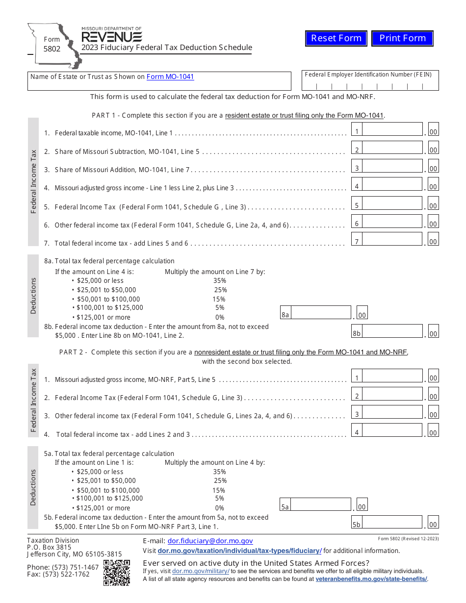 Form 5802 Fiduciary Federal Tax Deduction Schedule - Missouri, Page 1