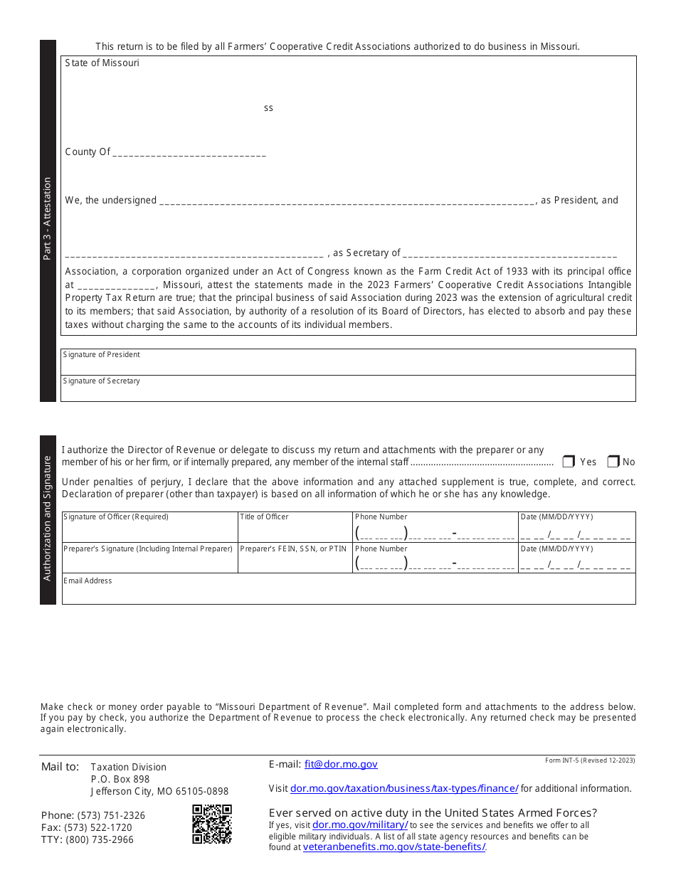 Form INT-5 Farmers Cooperative Credit Associations Intangible Property Tax Return - Missouri, Page 2